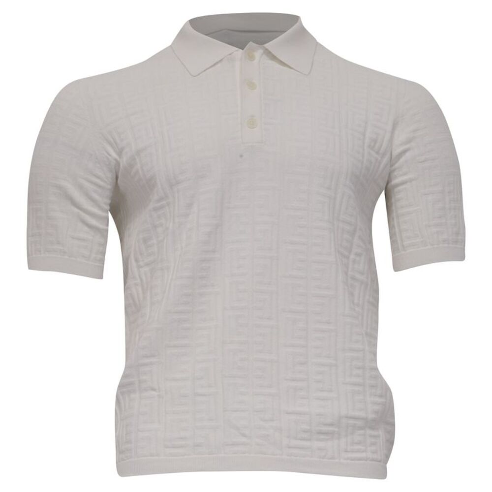Balmain Tonal Monogram Knit Polo Shirt in White Viscose